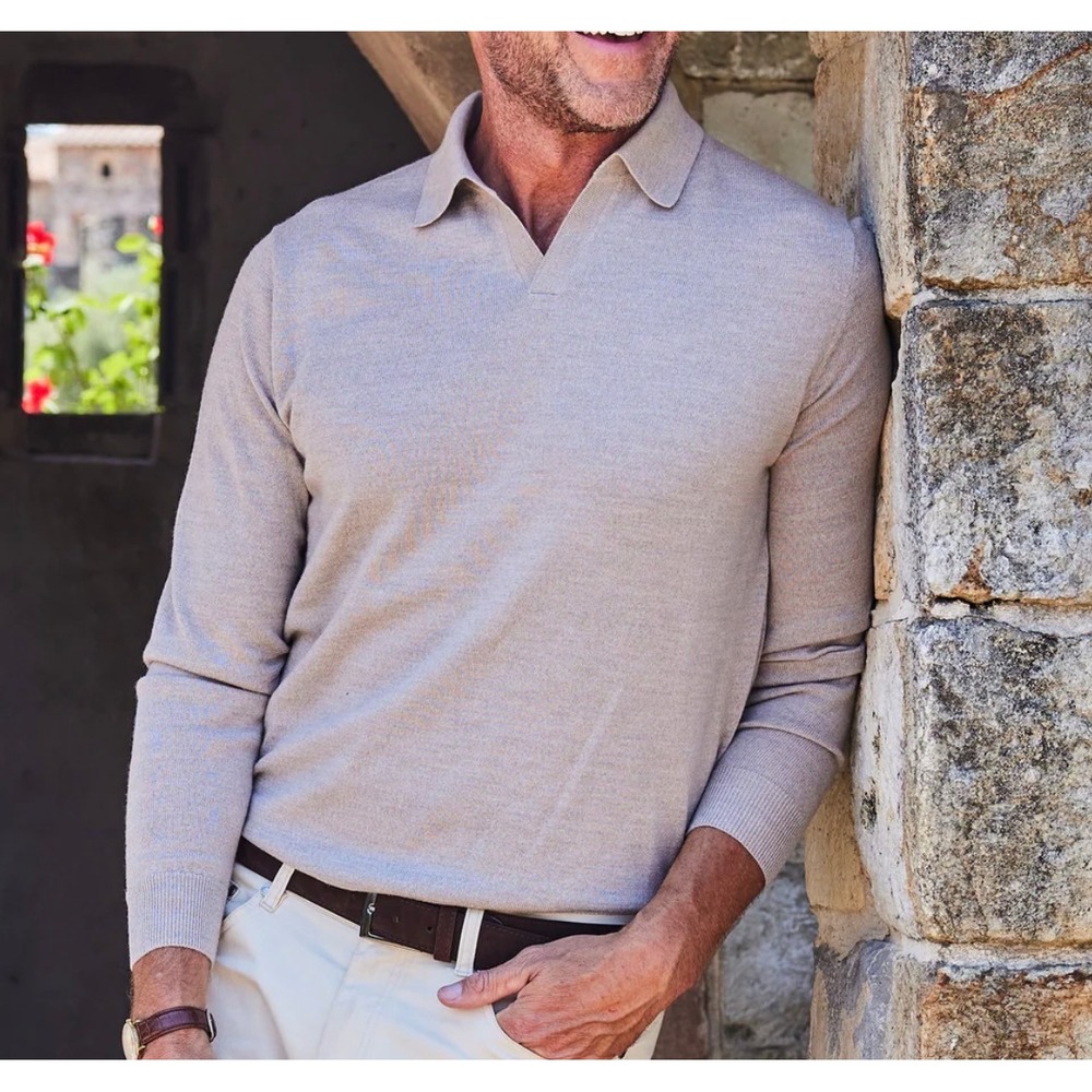 Collars & Co Mens Tan Bellagio Buttonless Merino Wool Sweater Polo XXL New